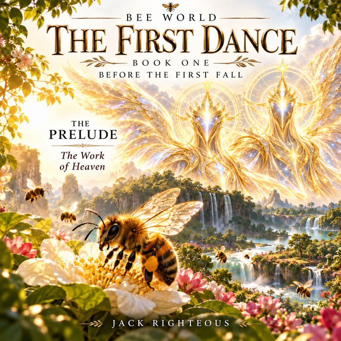 Bee World: The First Dance — Prelude: The Work of Heaven. Non-human radiant spiritual beings Michael and Lucifer above Eden; bees and blossoms in the foreground.