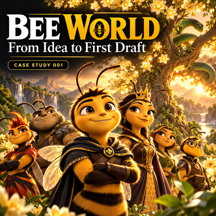 Bee World From Idea to First Draft cover: Bee Righteous, Queen Bee, four core bees and a serpent beside the flowering Tree of Knowledge in Eden