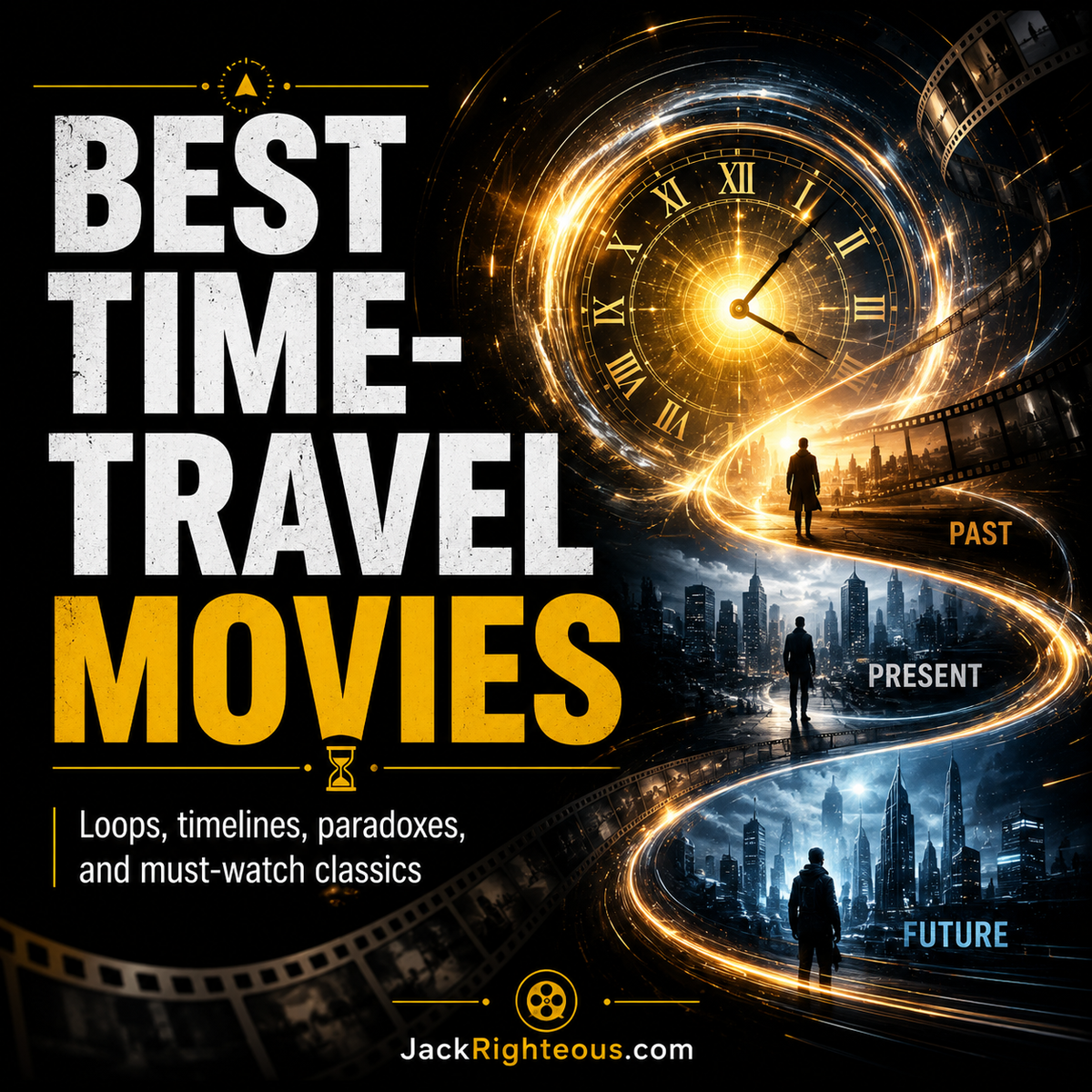 Best time-travel movies guide featuring a glowing clock, film strip and past, present and future timelines