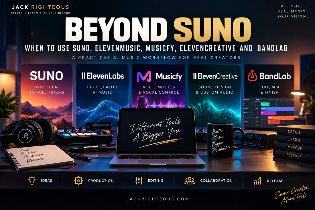 Beyond Suno AI music workflow guide comparing Suno, Eleven Music, Musicfy, ElevenCreative and BandLab