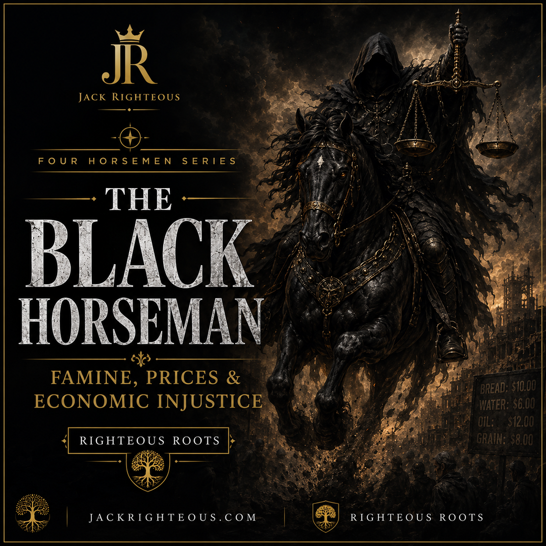 Black Horseman of Revelation 6 with scales symbolizing famine, rising prices and economic injustice
