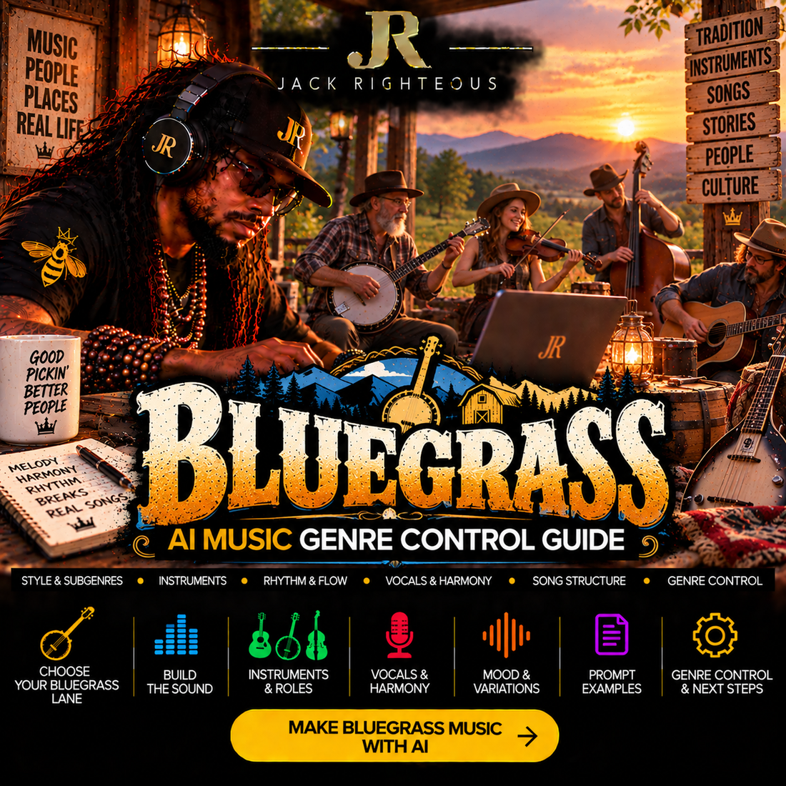 Bluegrass Genre Intelligence for AI music creators — string-band roles, rhythm, breaks, instruments, vocals, harmony and genre control