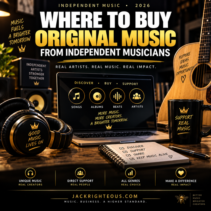 Independent music support scene with guitar, headphones and laptop encouraging fans to discover and buy original music