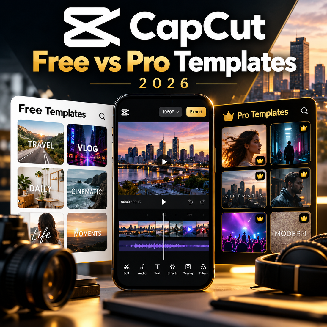 CapCut Free versus Pro templates comparison with video editor timeline and side-by-side free and premium template examples