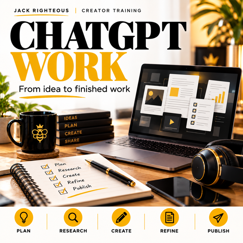 ChatGPT Work creator training cover: from idea to finished work, illustrated with a laptop, checklist, books and creative studio tools in black, white and gold