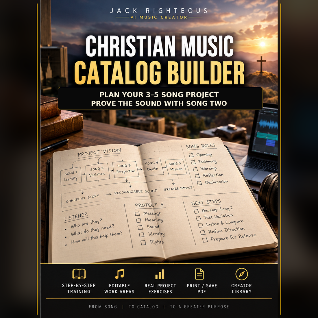Christian Music Catalog Builder — plan a connected 3–5-song faith-music project and prove creative consistency with a real second-song test