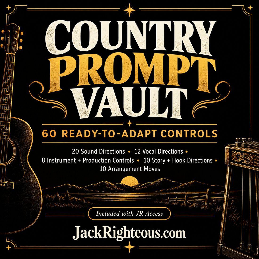 Country Prompt Vault with 60 ready-to-adapt controls for sound, vocals, production, story, hooks and arrangement