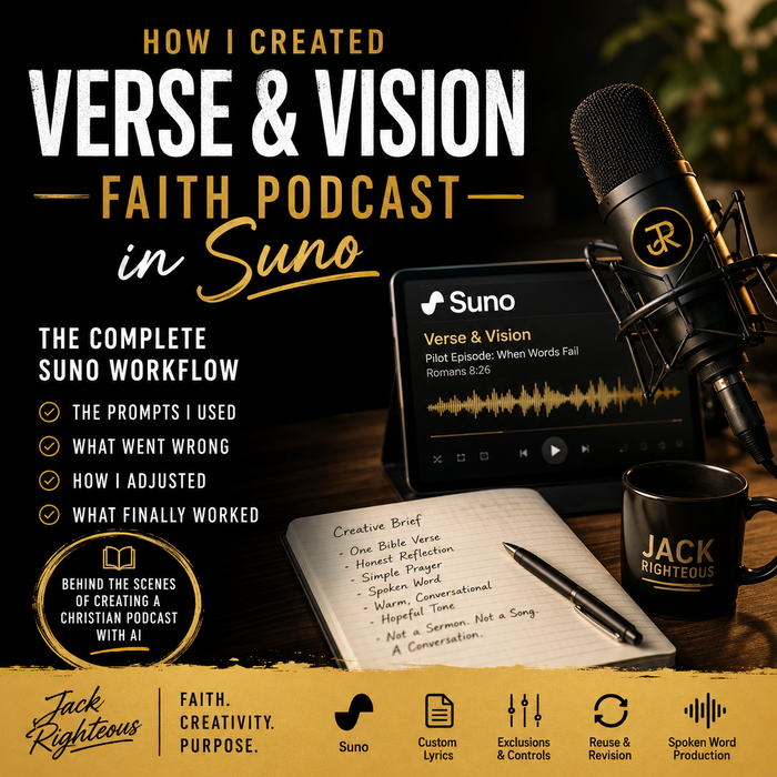 How Jack Righteous created the Verse and Vision Christian faith podcast in Suno using prompts, revisions and spoken-word production