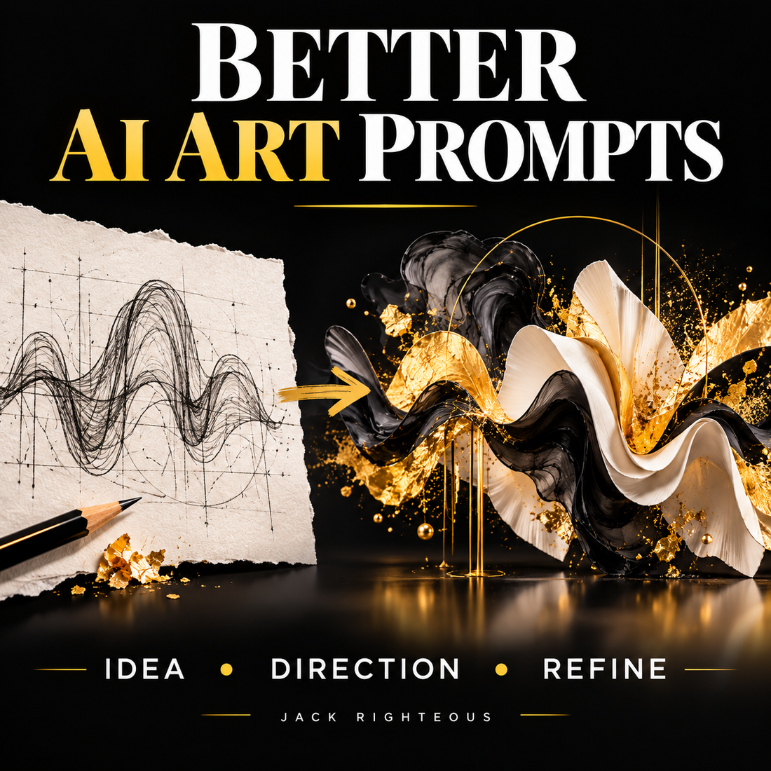 Better AI Art Prompts cover: sketch lines transforming into polished black, ivory and gold abstract artwork, Idea Direction Refine