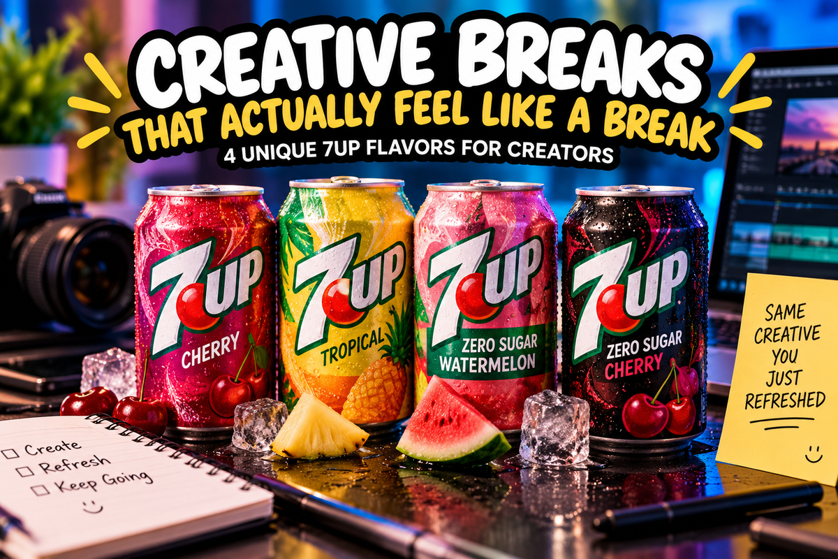 Creative Breaks cover featuring four 7UP flavors on a creator desk with a bold refresh-themed design
