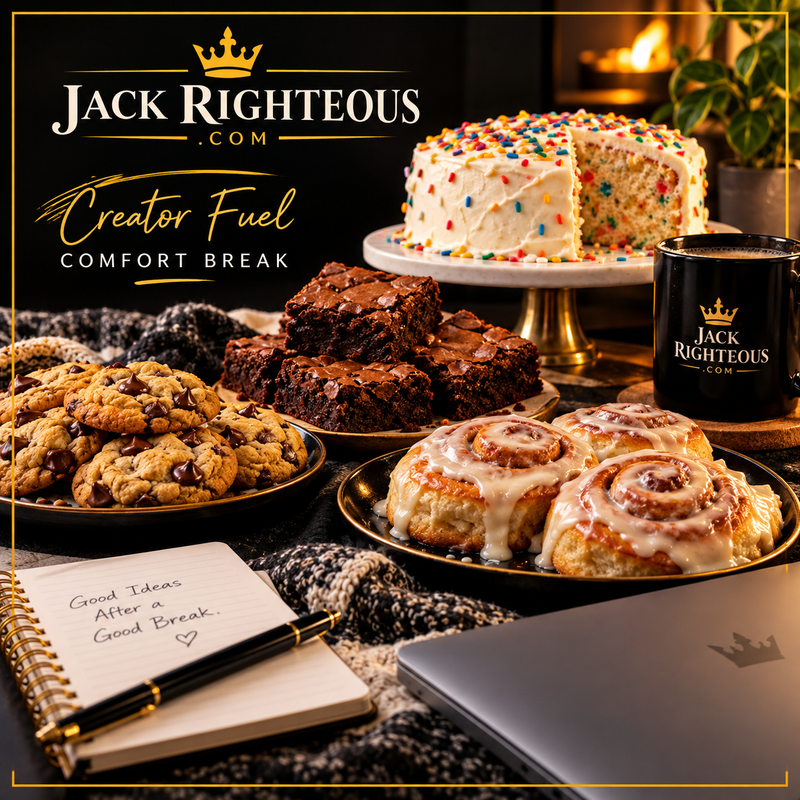 Creator Fuel comfort break cover featuring brownies, cookies, cinnamon rolls and Funfetti cake beside a laptop and notebook