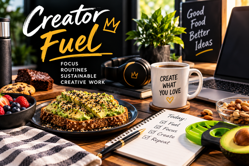 Creator Fuel workspace with coffee, avocado toast, snacks, notebook and laptop representing focus, routines and sustainable creative work