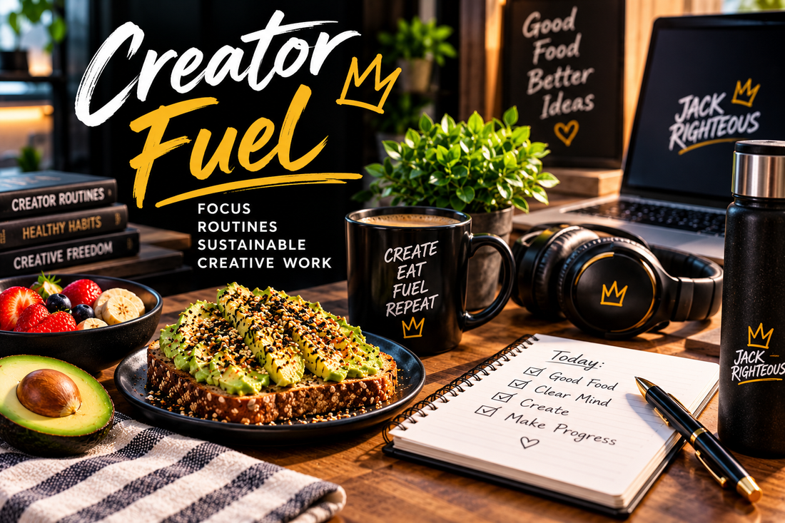 Creator Gift Guide 2026 Canada cover with creator workspace, practical gear, coffee, notebook and black-gold Jack Righteous styling