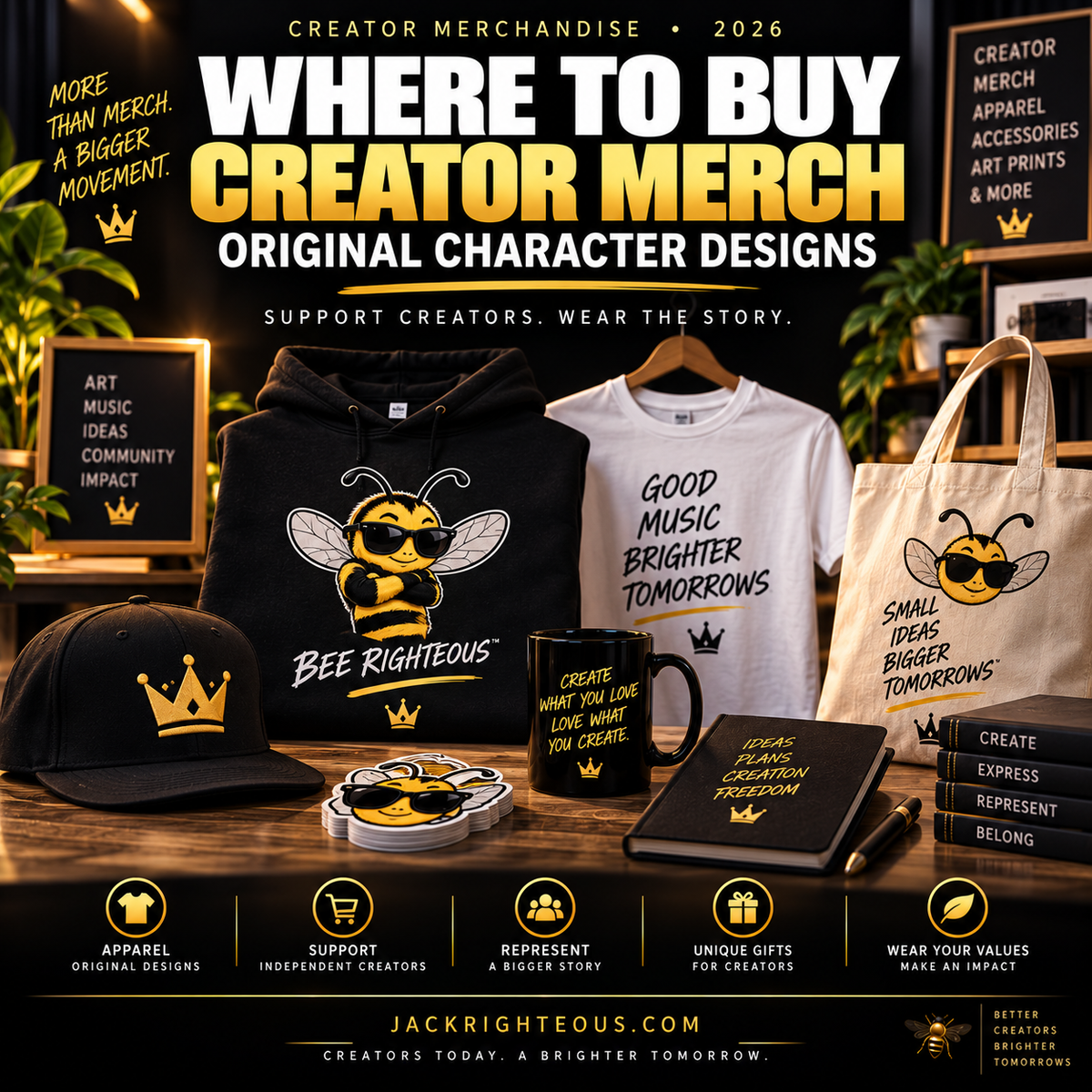 Bee Righteous creator merch display with hoodie, shirt, tote, mug, cap and original character designs
