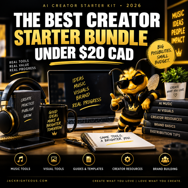 Bee creator at a studio desk with tools and resources for a creator starter bundle under $20 CAD