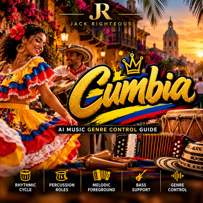 Cumbia Genre Intelligence for AI music creators — rhythmic cycle, percussion roles, melodic foreground, bass support and genre control