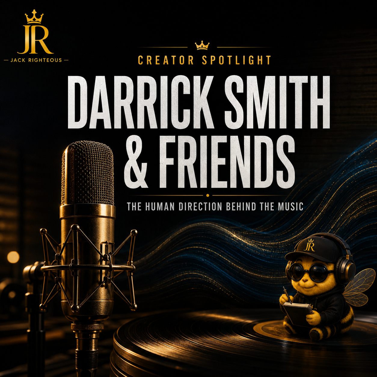 Darrick Smith and Friends Creator Spotlight with studio microphone, ocean waves and Bee Righteous