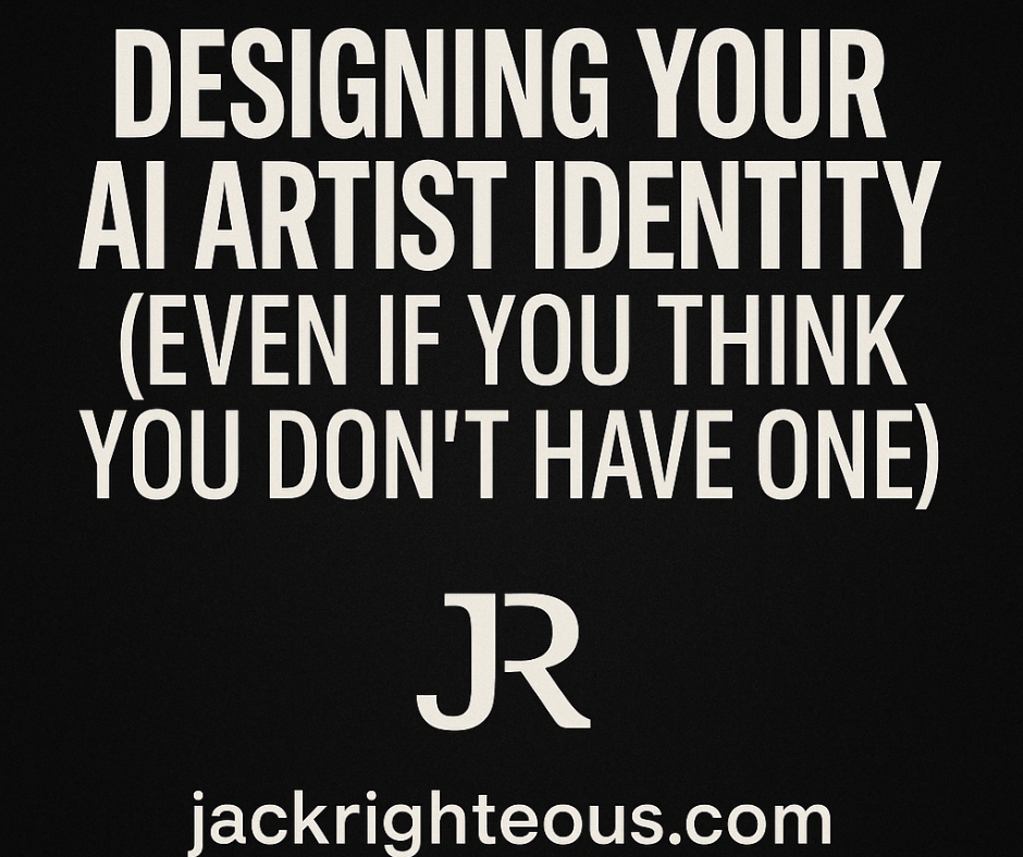 1:1 cover titled ‘Designing Your AI Artist Identity’ featuring bold text, JR branding, and JackRighteous.com on a black background.