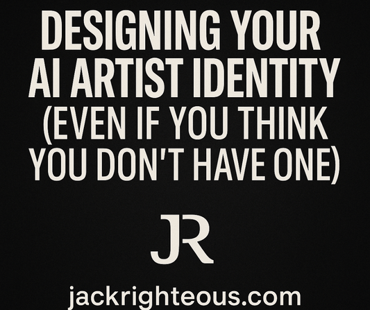 1:1 cover titled ‘Designing Your AI Artist Identity’ featuring bold text, JR branding, and JackRighteous.com on a black background.