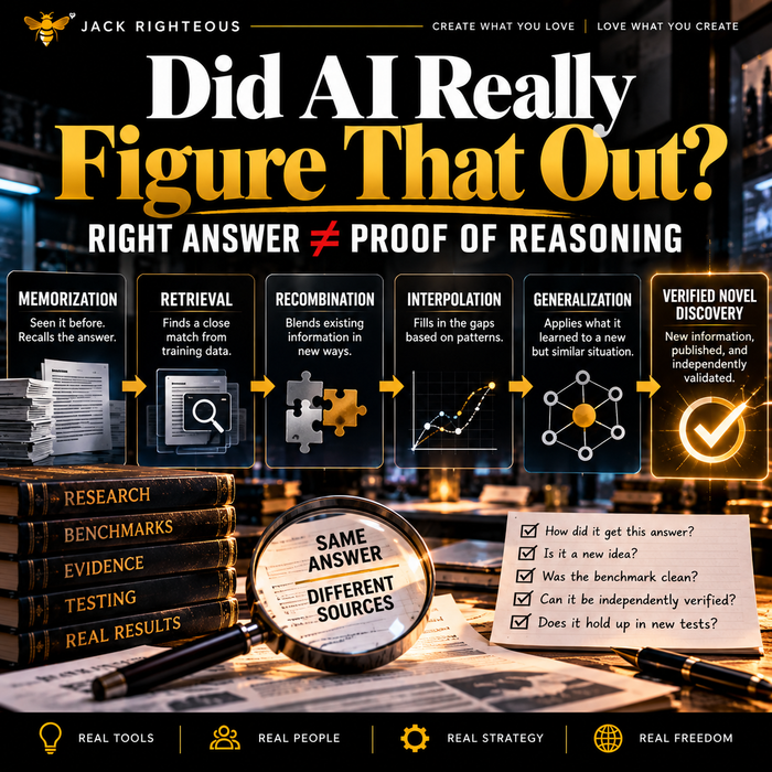Jack Righteous cover for Did AI Really Figure That Out? showing memorization, retrieval, recombination, interpolation, generalization and verified discovery.