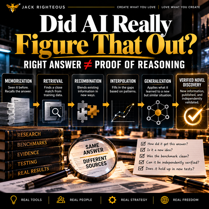 Jack Righteous cover for Did AI Really Figure That Out? showing memorization, retrieval, recombination, interpolation, generalization and verified discovery.
