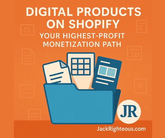 Digital products cover showing files, templates, and JR branding for a Shopify creator monetization guide.