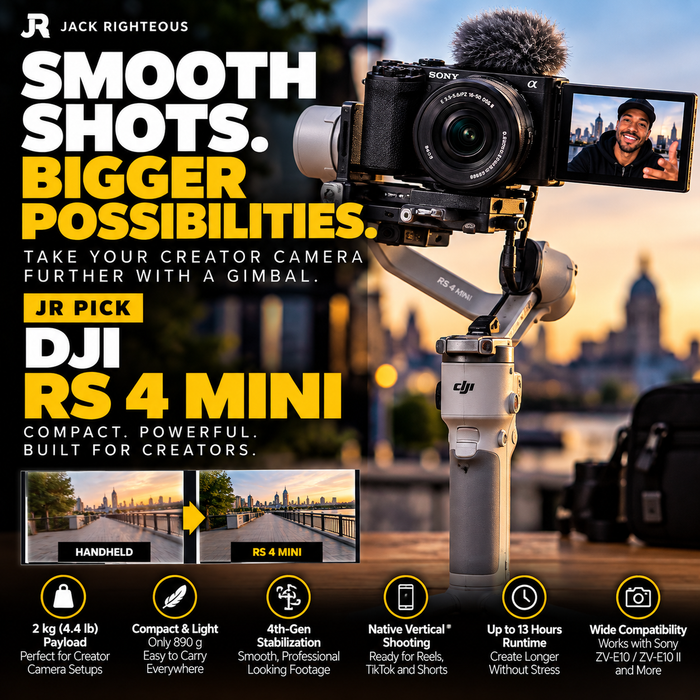 DJI RS 4 Mini gimbal stabilizer with Sony creator camera in a cinematic setup for smooth YouTube, UGC and music video footage
