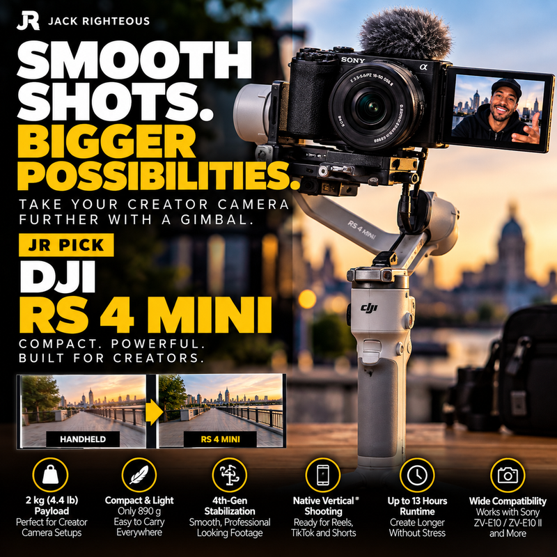 DJI RS 4 Mini gimbal stabilizer with Sony creator camera in a cinematic setup for smooth YouTube, UGC and music video footage