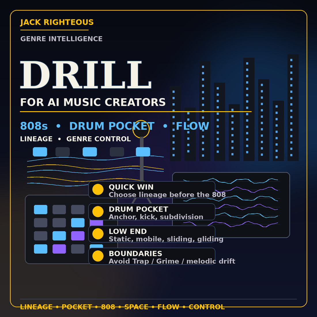 Drill Genre Intelligence for AI music creators — lineage, drum pocket, 808 behavior, vocal flow, negative space and genre control