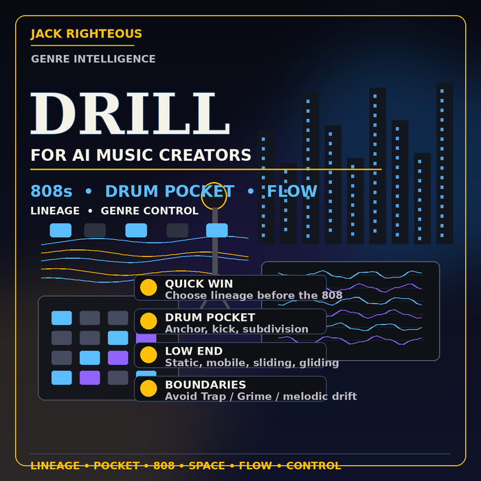 Drill Genre Intelligence for AI music creators — lineage, drum pocket, 808 behavior, vocal flow, negative space and genre control