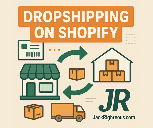 Illustrated dropshipping cover showing product boxes, delivery arrows, and JR branding for a Shopify creator guide.