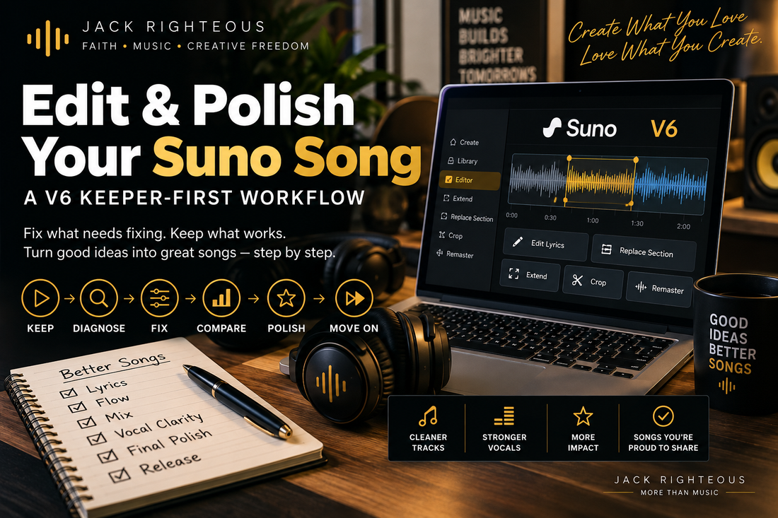 Edit and Polish Your Suno Song — V6 keeper-first workflow cover for JackRighteous.com