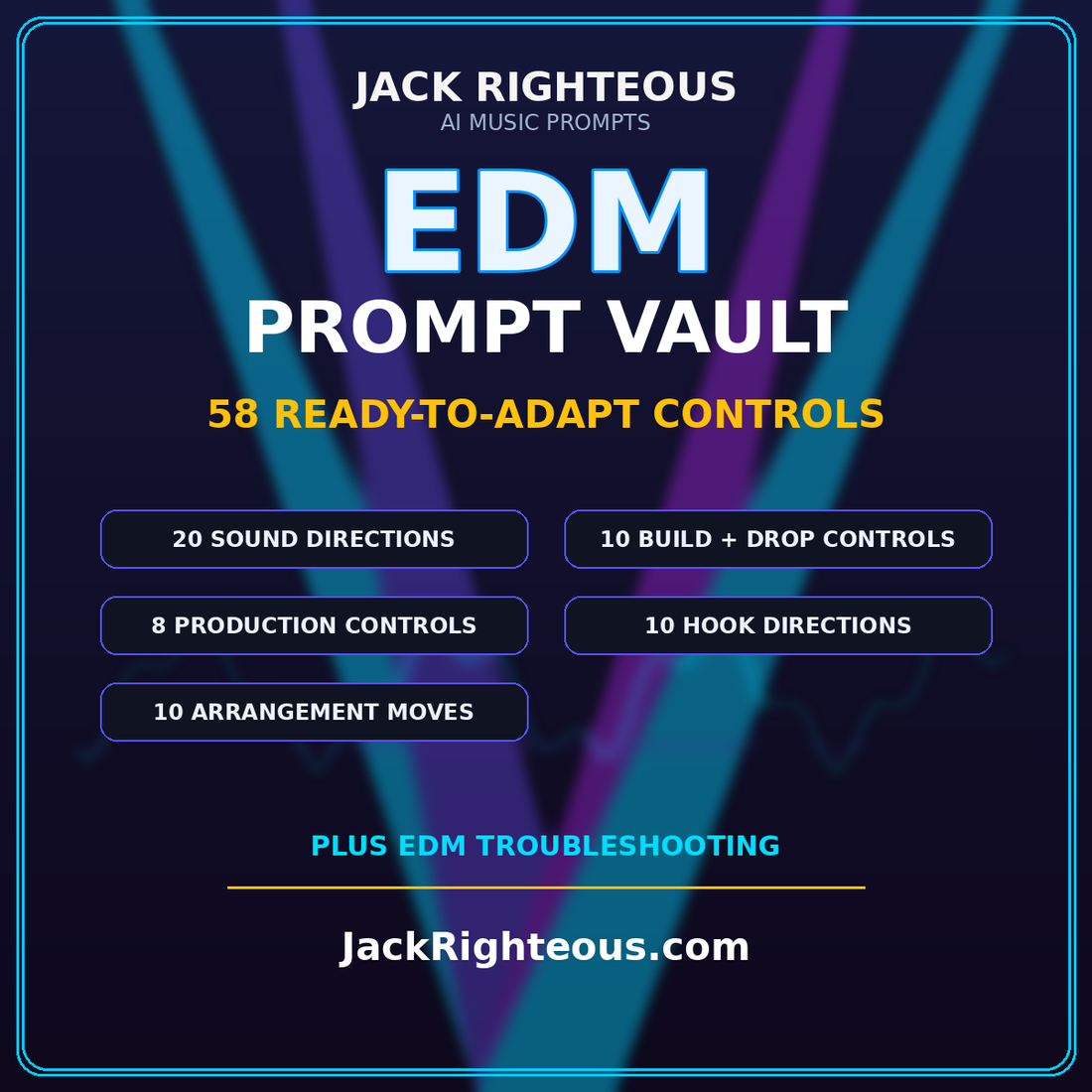 EDM Prompt Vault with 58 ready-to-adapt AI music controls for sound, builds, drops, production, hooks and arrangement