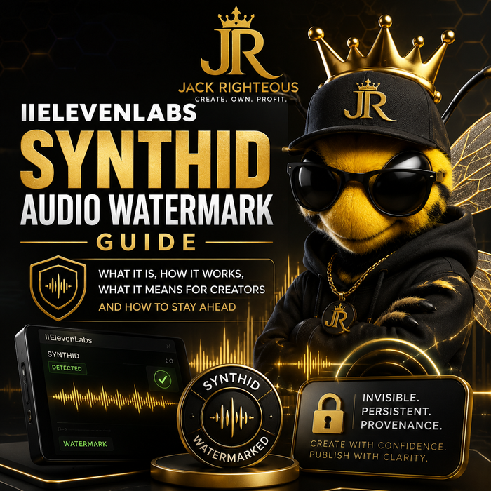 Jack Righteous SynthID guide cover with crowned JR bee mascot, audio waveform, watermark badge and ElevenLabs detector.