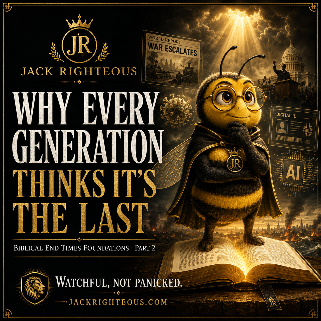 Bee Righteous stands on a glowing Bible amid war, disease, politics and AI, urging watchfulness without panic.
