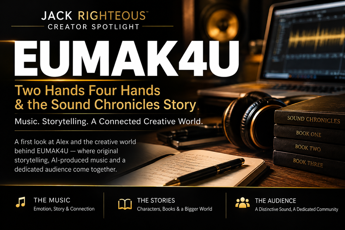EUMAK4U Creator Spotlight First Look, black and gold editorial design featuring music production and storytelling, without artist or character likenesses