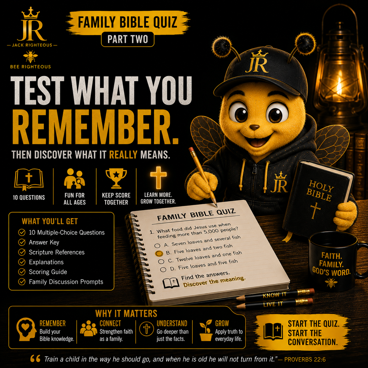 Bee Righteous hosts Family Bible Quiz Part Two with 10 questions, Scripture references, answers and family discussion prompts.