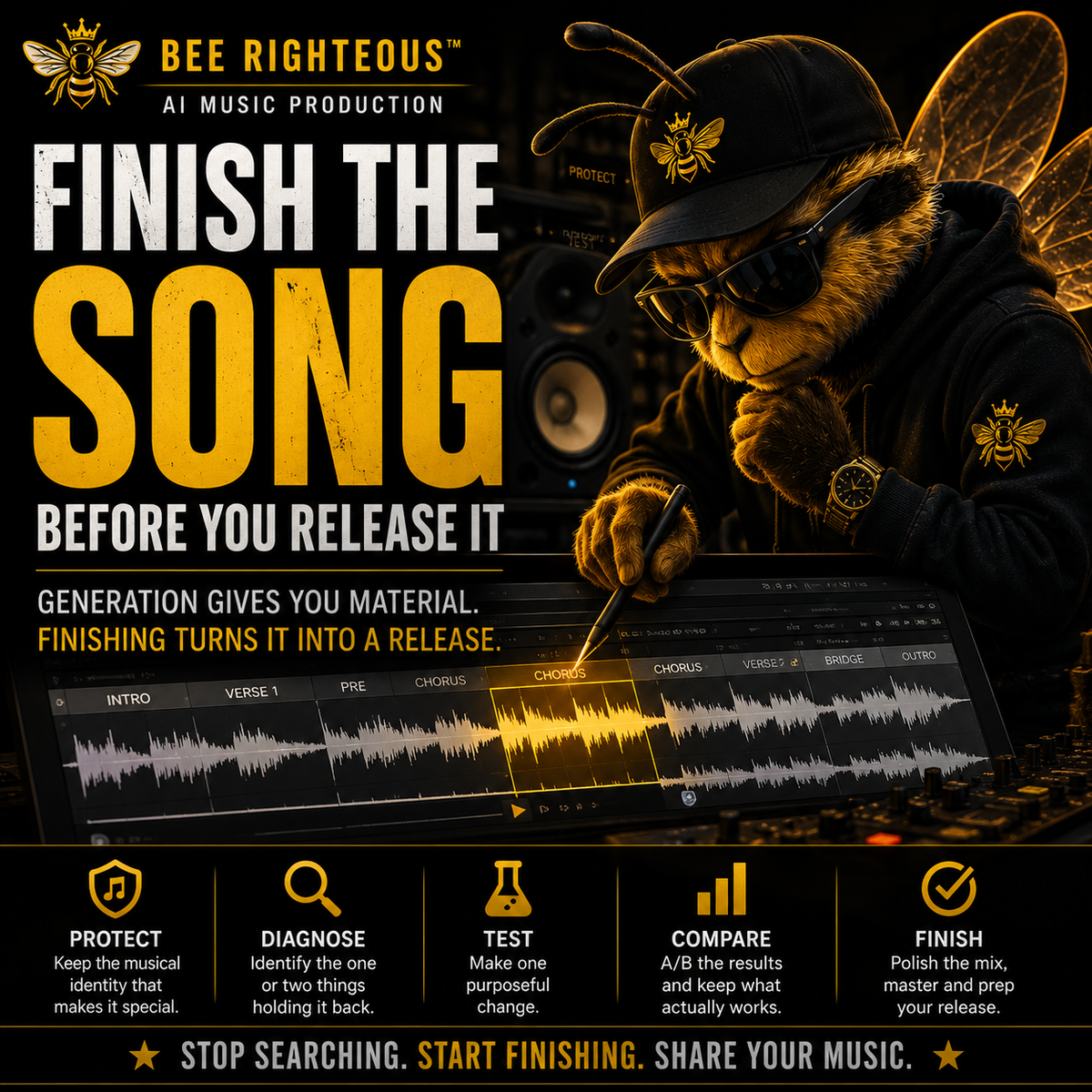AI song finishing guide covering arrangement, cleanup, mix checks and release preparation before distribution