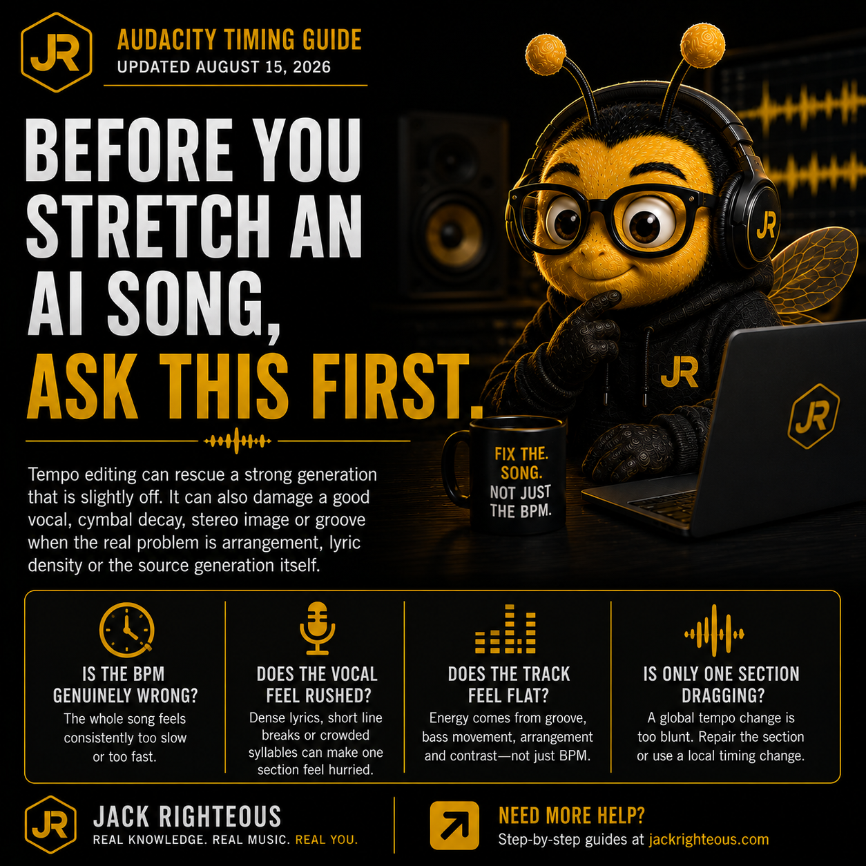 Audacity guide for fixing AI music tempo using tempo, speed and pitch adjustments while preserving a natural-sounding track