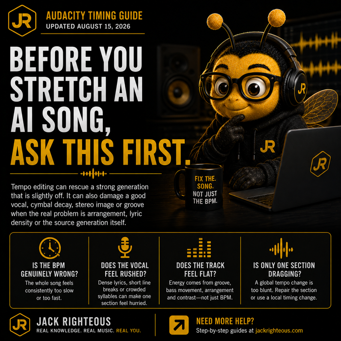 Audacity guide for fixing AI music tempo using tempo, speed and pitch adjustments while preserving a natural-sounding track