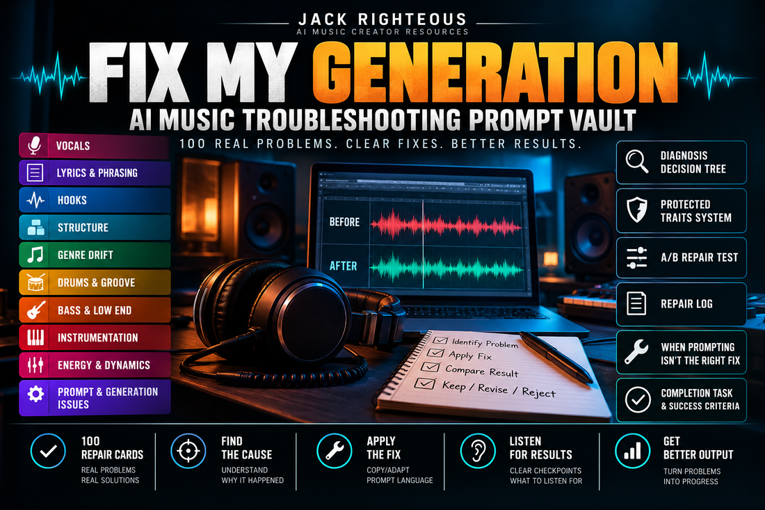 Fix My Generation AI Music Troubleshooting Prompt Vault with 100 repair cards across vocals, lyrics, hooks, structure, genre, groove, low end, instrumentation, energy and prompt-generation problems