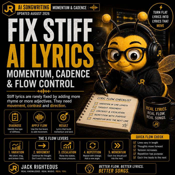 Guide to fixing stiff AI lyrics by improving momentum, cadence, phrasing and natural vocal flow