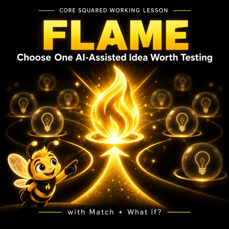 Flame character cover showing how to choose one AI-assisted idea worth testing before building around it