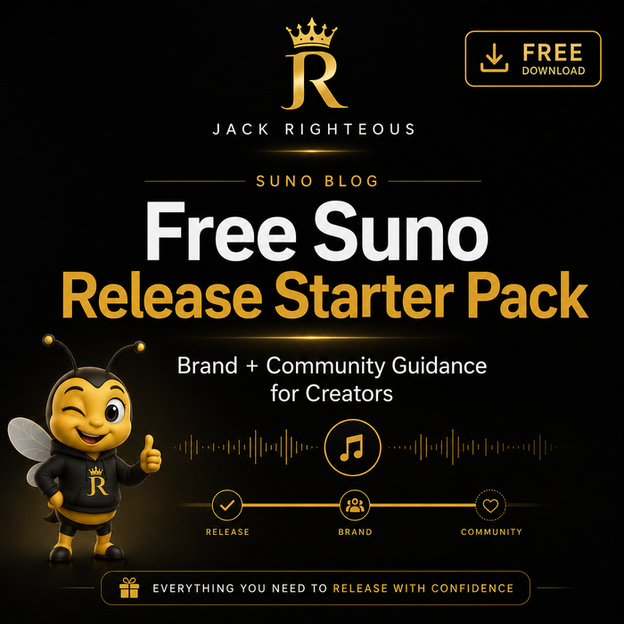 Free Suno Release Starter Pack with brand and community guidance for AI music creators by Jack Righteous.