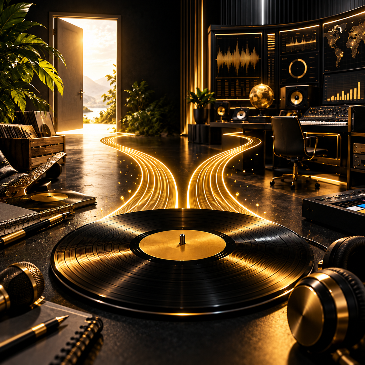 Gold music grooves divide between an independent creative path and a professional distribution studio, representing free versus paid AI music distribution