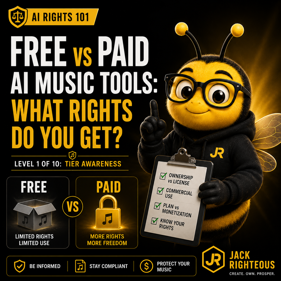 Free vs paid AI music tools guide comparing commercial rights, ownership, downloads and creator licensing limits