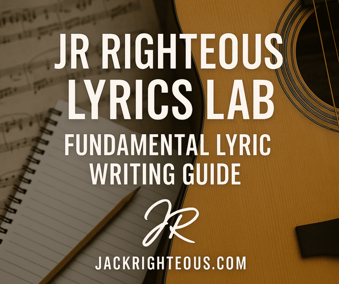Lyric writing guide cover with notebook, guitar, and JR branding for JR Righteous Lyrics Lab on JackRighteous.com.