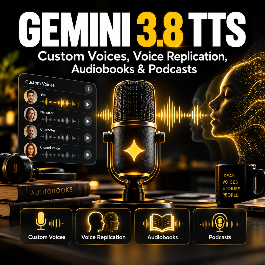 Gemini 3.8 TTS creator guide cover showing custom voices, voice replication, audiobooks and podcasts