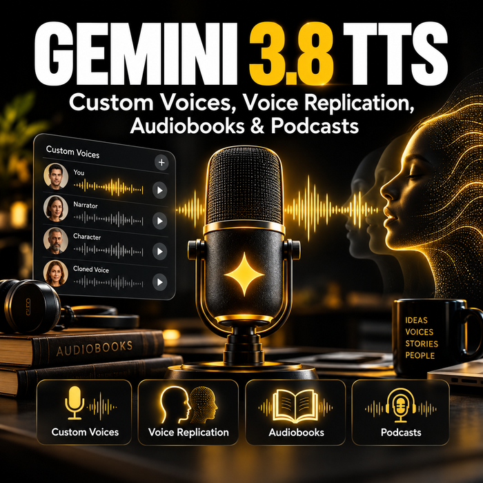 Gemini 3.8 TTS creator guide cover showing custom voices, voice replication, audiobooks and podcasts