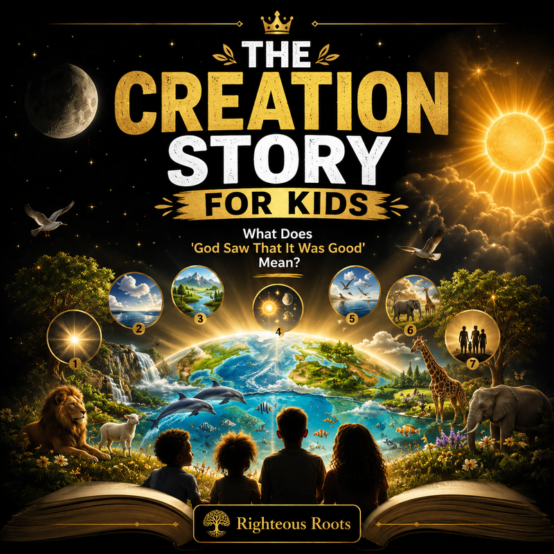 Children’s Genesis 1 lesson showing God’s Creation, animals, oceans, stars, sun and the seven days